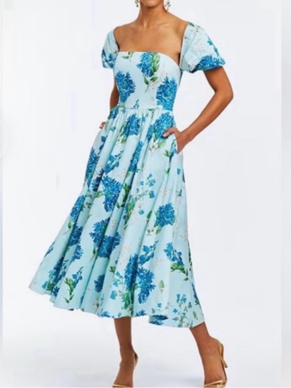 Off-Shoulder Floral Midi Dress in Light Blue